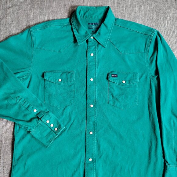 Wrangler Brushpopper Shirt Size XLT Turquoise Solid Pearl Snap Western Yoke - Picture 2 of 10